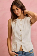 SO ME Scalloped Edge Cotton Twill Washed Vest Top - Trendsi - Flyclothing LLC