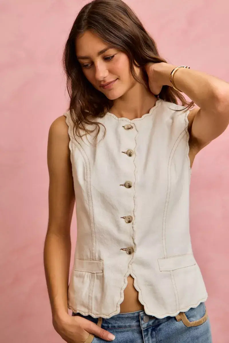SO ME Scalloped Edge Cotton Twill Washed Vest Top - Trendsi - Flyclothing LLC