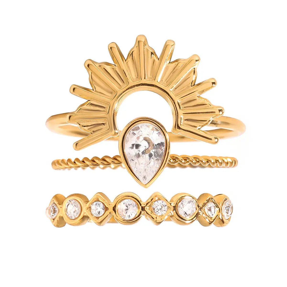 3 Piece Stainless Steel Rhinestone Sunburst Crown Ring - Trendsi - Flyclothing LLC