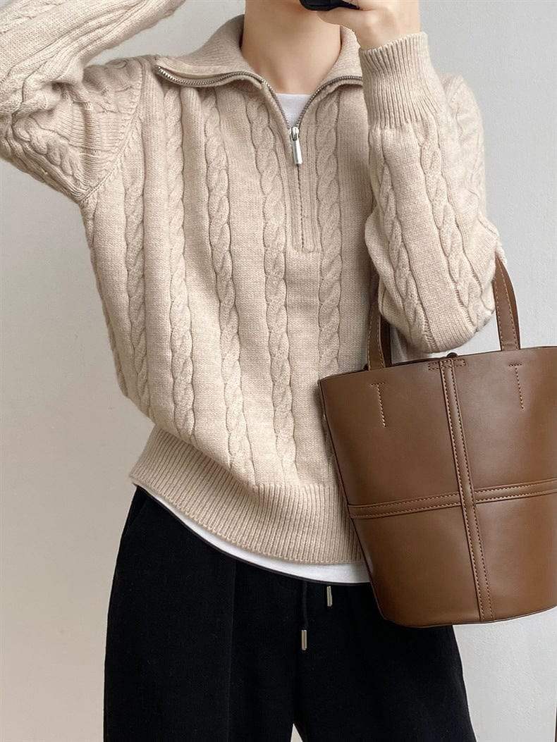 Cable-Knit Half Zip Long Sleeve Sweater - Trendsi - Flyclothing LLC