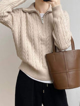 Cable-Knit Half Zip Long Sleeve Sweater - Trendsi - Flyclothing LLC