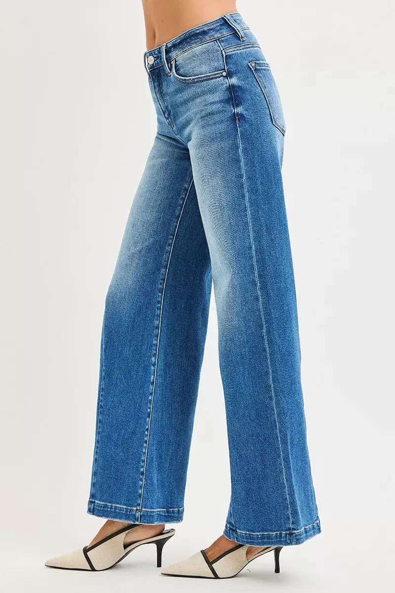 RISEN Full Size Mid Rise Wide Leg Jeans with Flared Look Plus Size - Trendsi - Flyclothing LLC