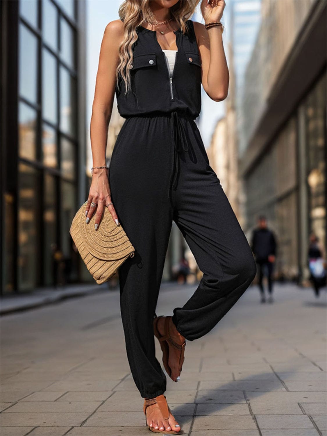 Half Zip Sleeveless Jumpsuit with Pockets - Trendsi