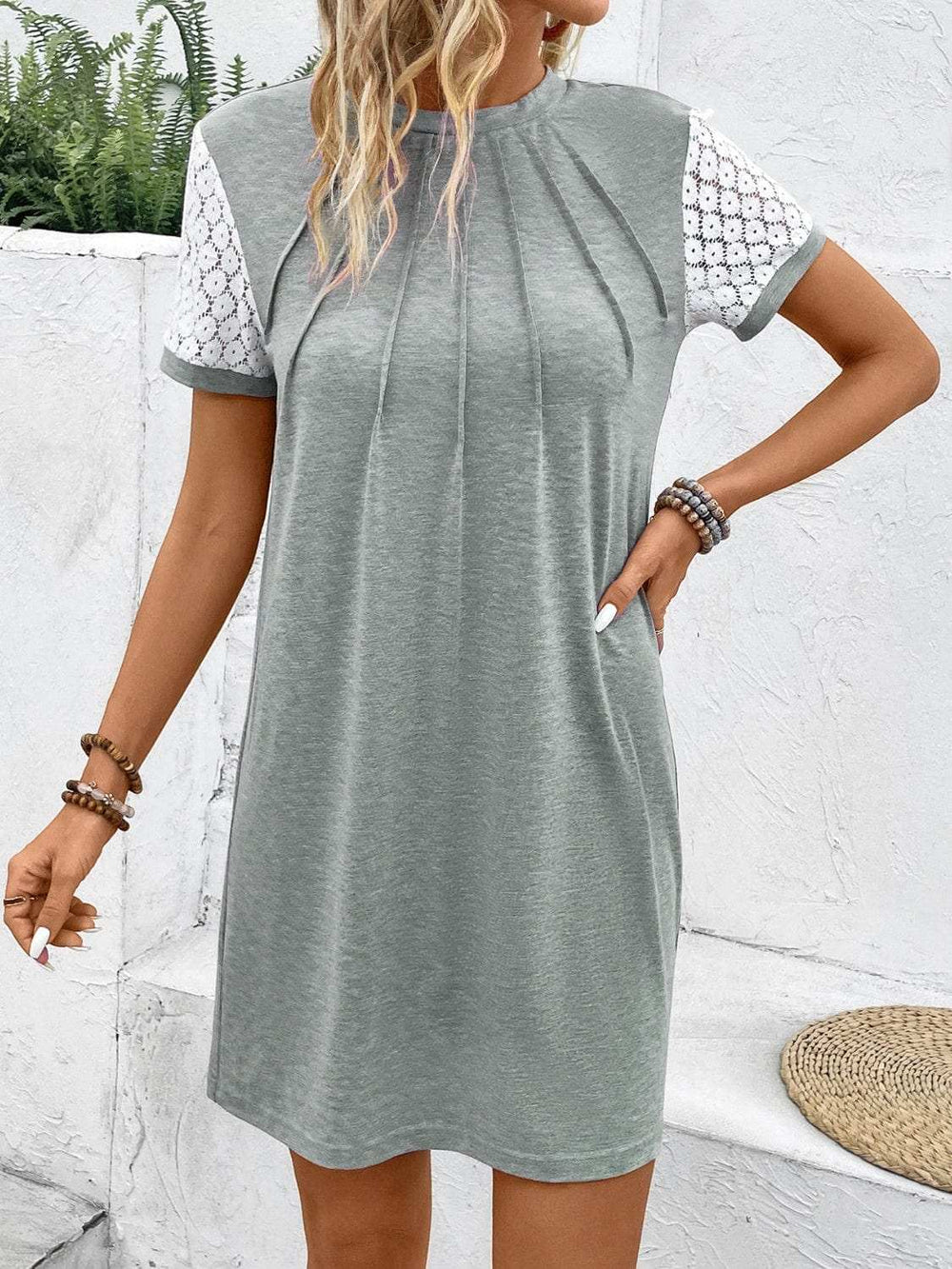 Lace Detail Round Neck Short Sleeve Mini Dress - Trendsi - Flyclothing LLC