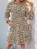Perfee Printed Tie Neck Long Sleeve Mini Dress - Trendsi