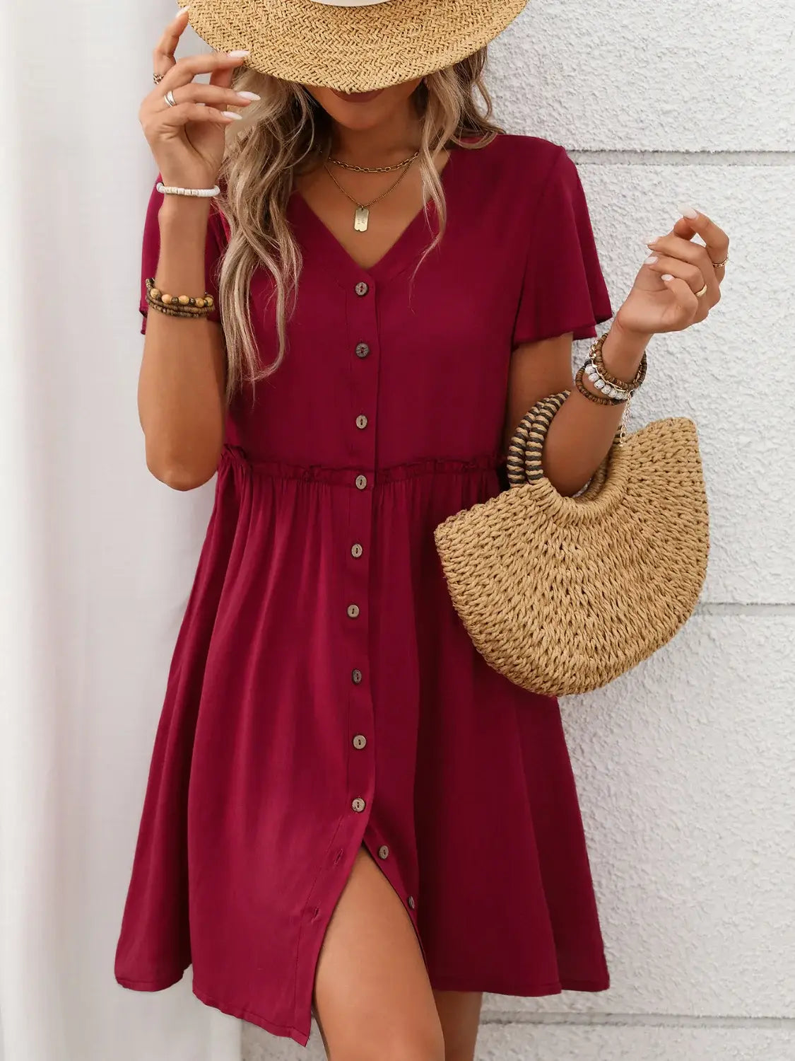 Button Front Flutter Sleeve Dress - Trendsi - Flyclothing LLC