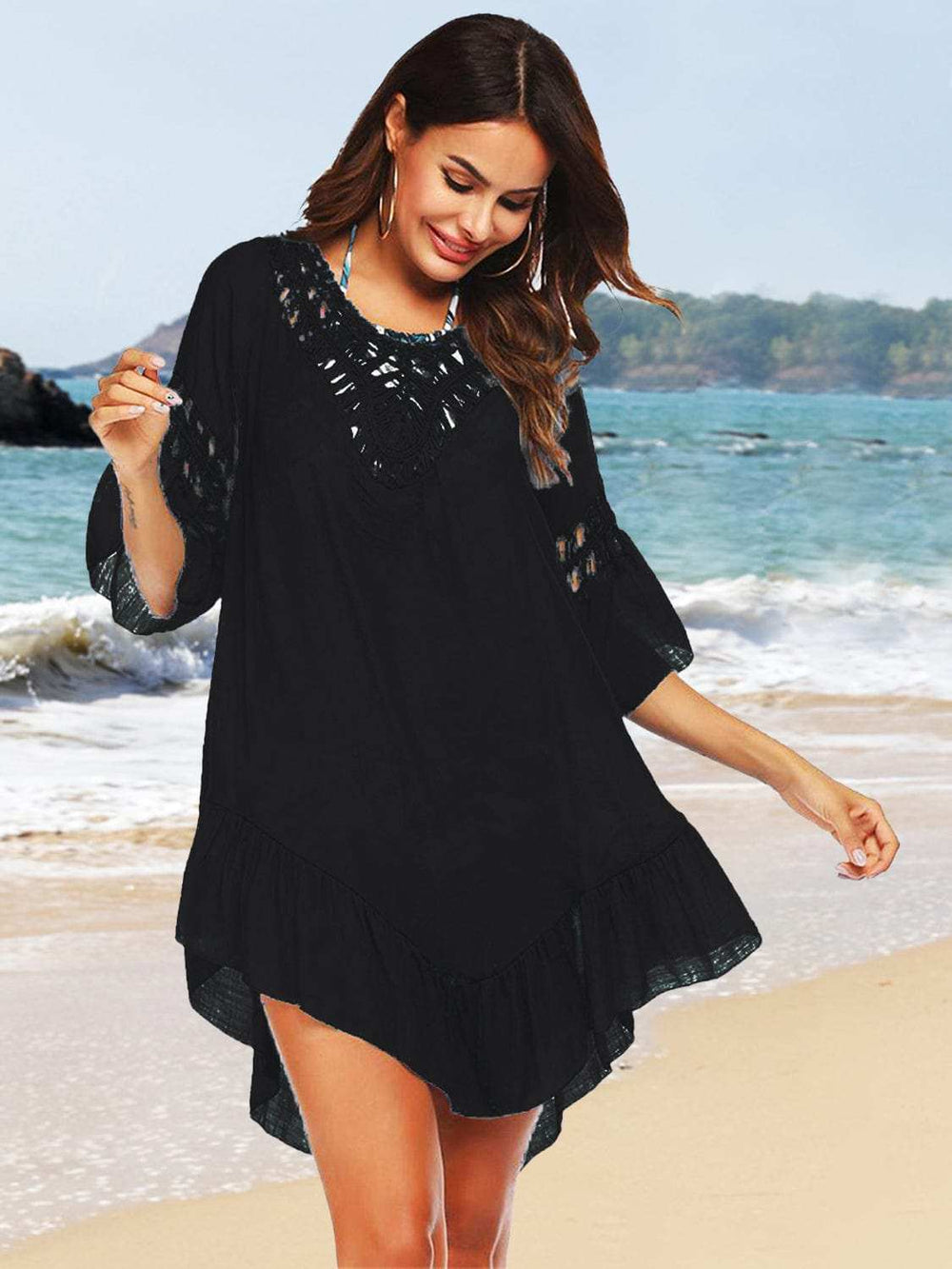 Backless Cutout Three-Quarter Sleeve Cover Up - Trendsi - Flyclothing LLC