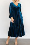V-Neck Long Sleeve Midi Velvet Dress - Trendsi