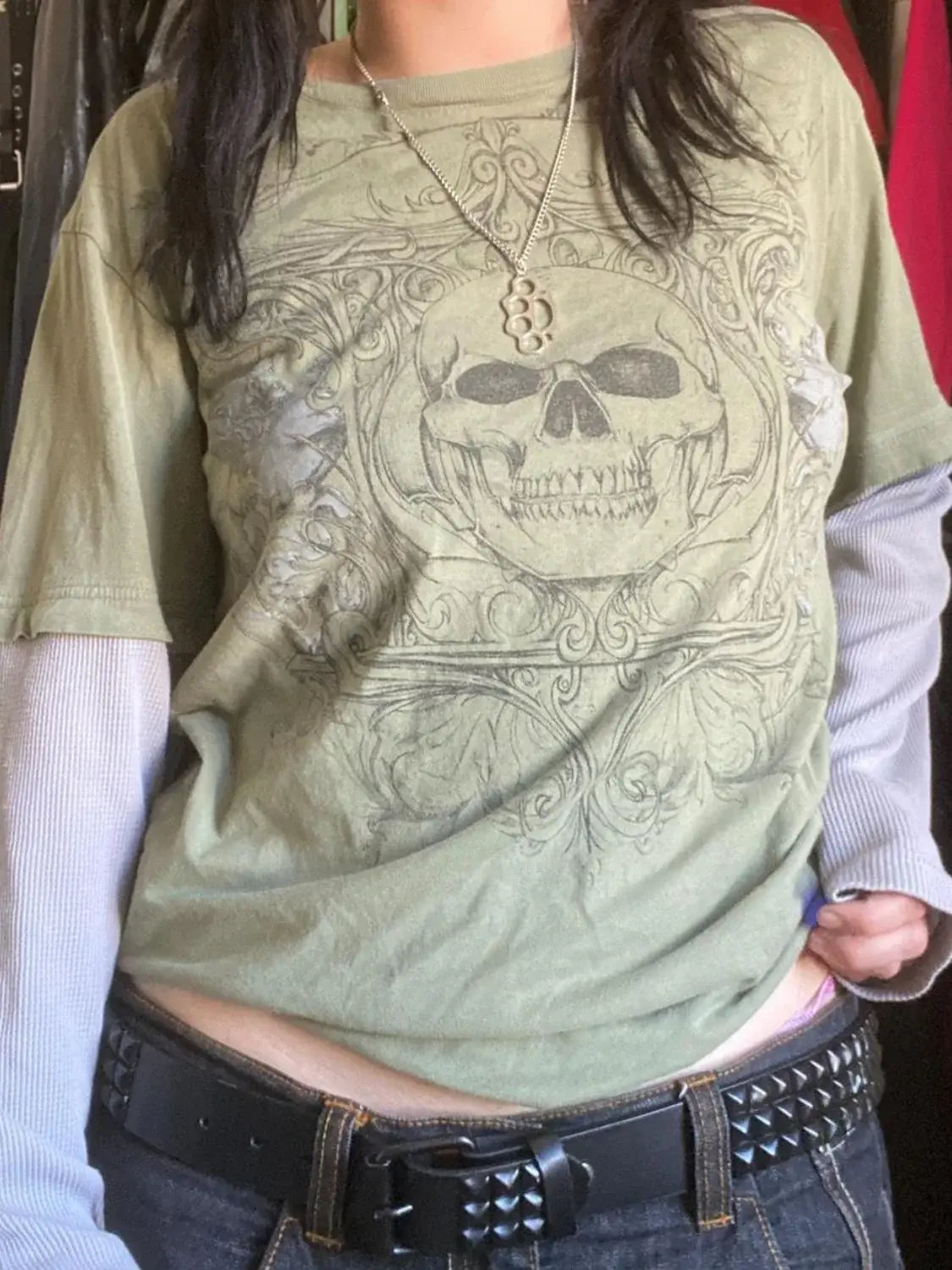 Skull Round Neck Long Sleeve Fake Two Pieces T-Shirt - Trendsi - Flyclothing LLC