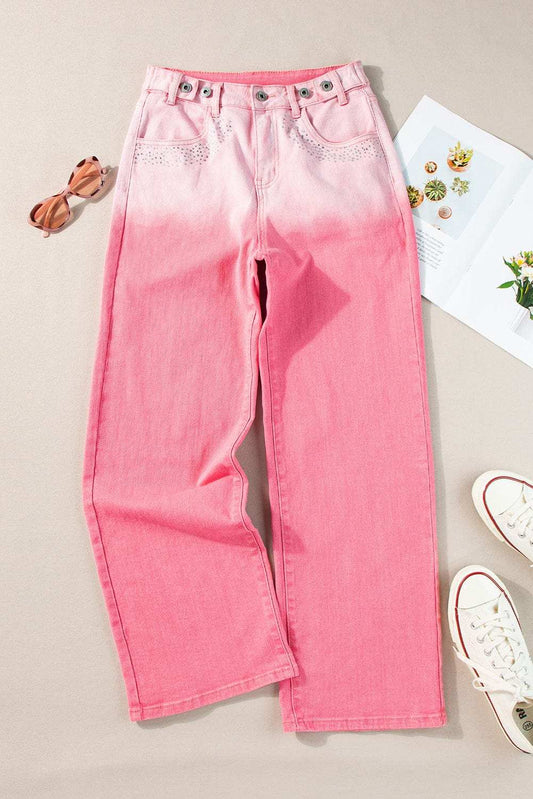 Rhinestone Gradient Straight Jeans - Trendsi - Flyclothing LLC