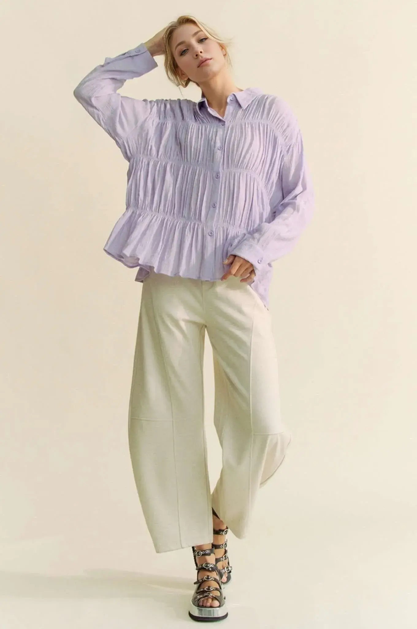 Davi & Dani Ruched All Over Button Front Shirt - Trendsi - Flyclothing LLC