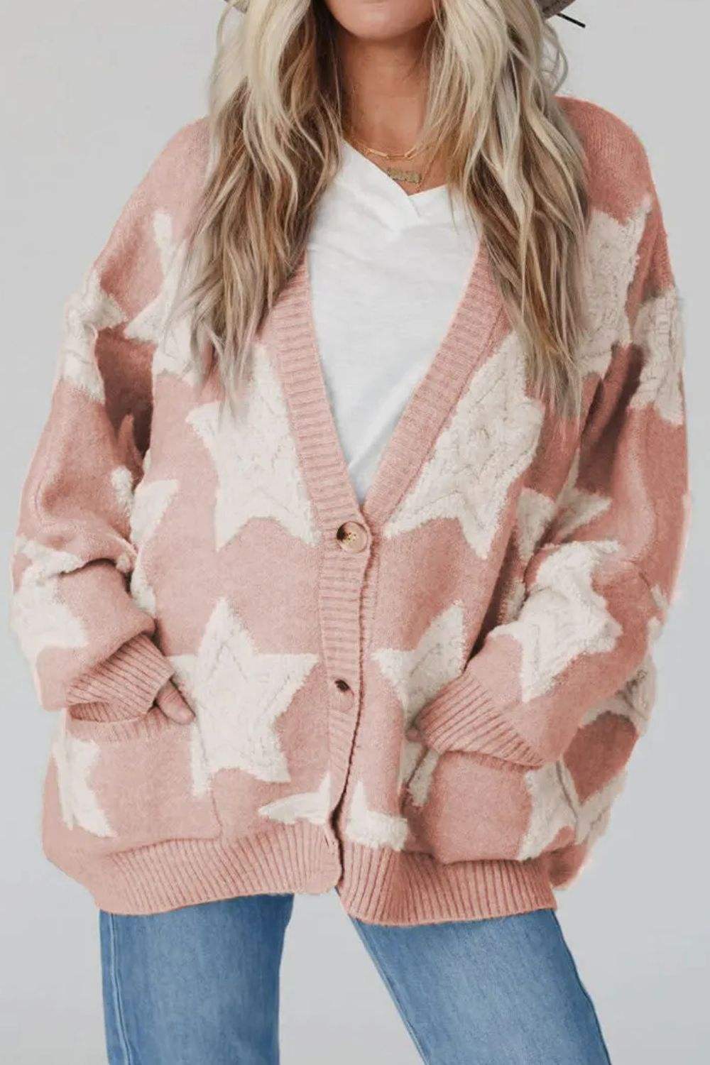 Star Button Up Long Sleeve Cardigan - Trendsi - Flyclothing LLC