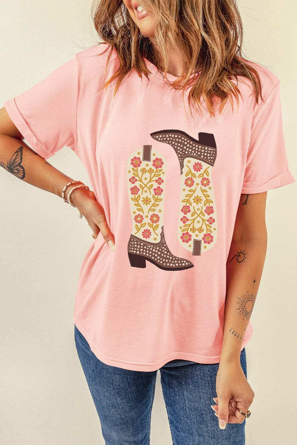 Boot Graphic Round Neck Short Sleeve T-Shirt - Trendsi - Flyclothing LLC