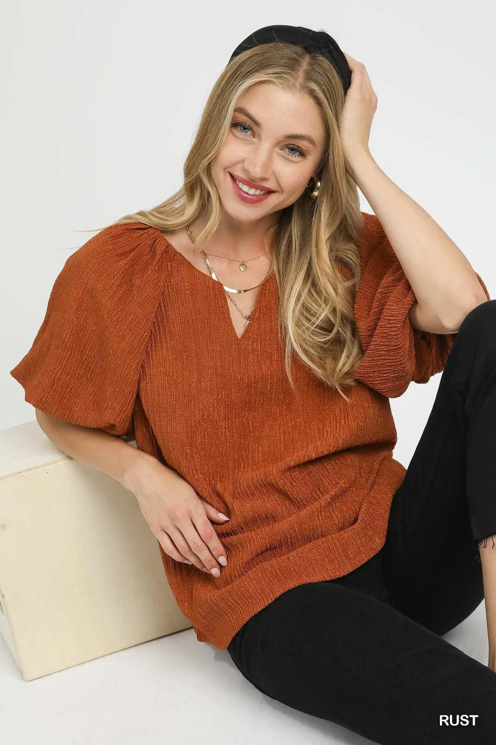 Umgee Textured Flutter Sleeve Notch Neck Top - Trendsi - Flyclothing LLC