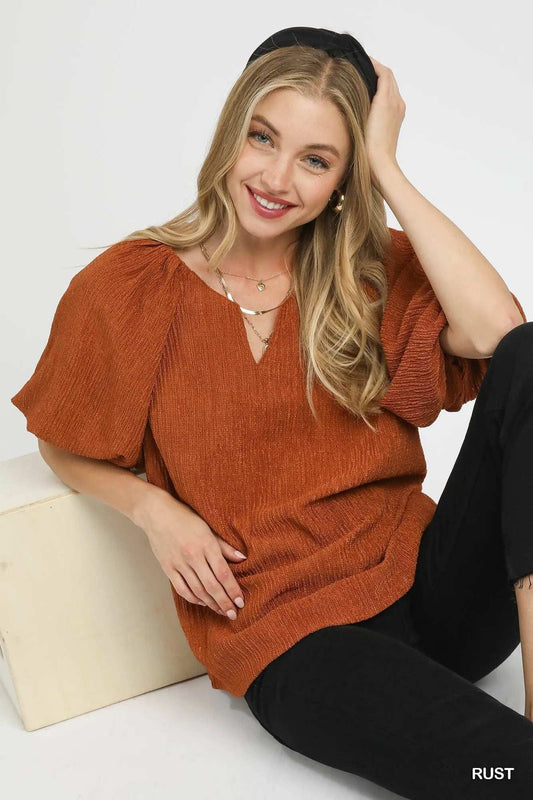 Umgee Textured Flutter Sleeve Notch Neck Top - Trendsi - Flyclothing LLC