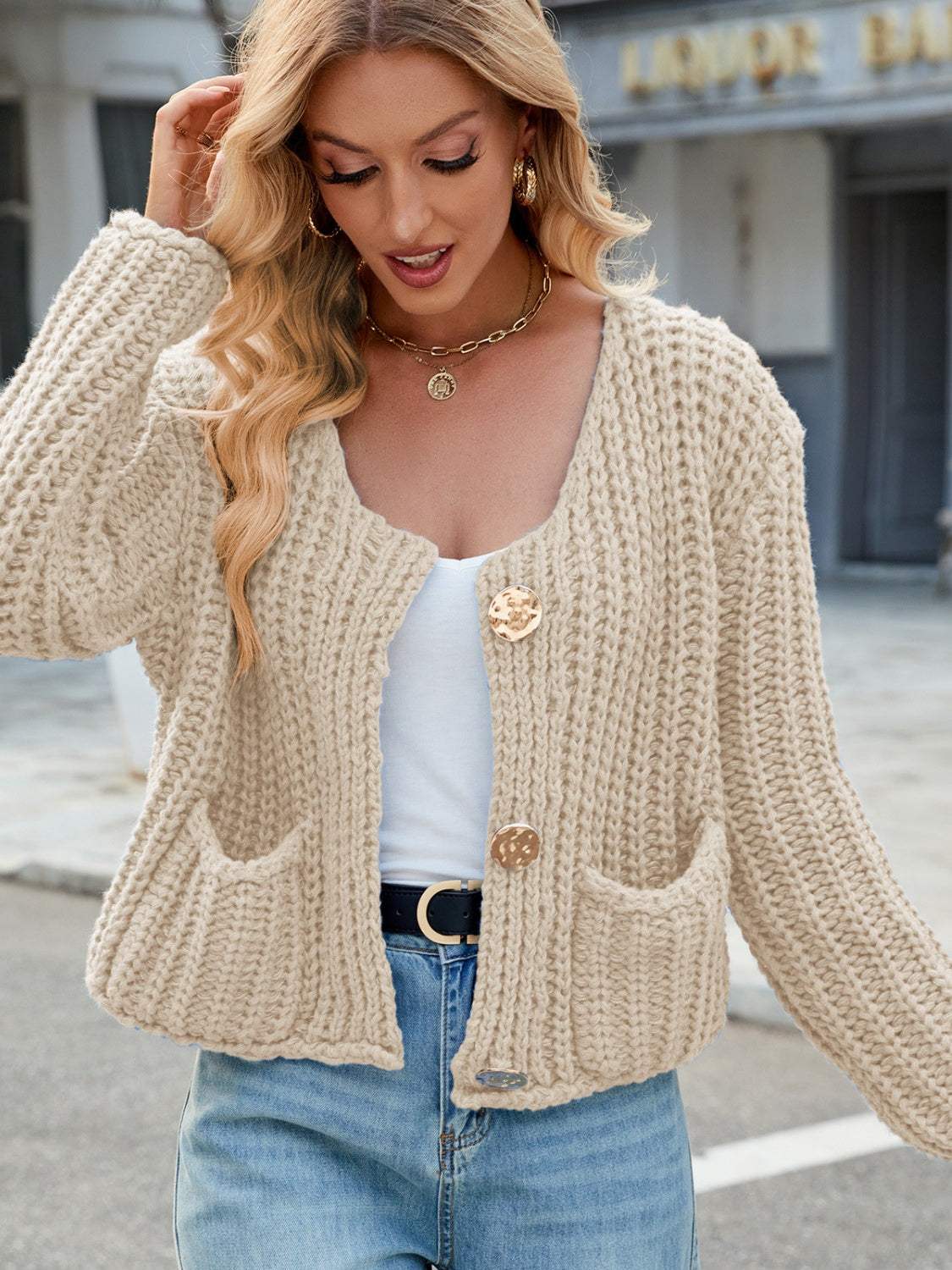 Round Neck Button Up Cardigan with Pockets - Trendsi - Flyclothing LLC
