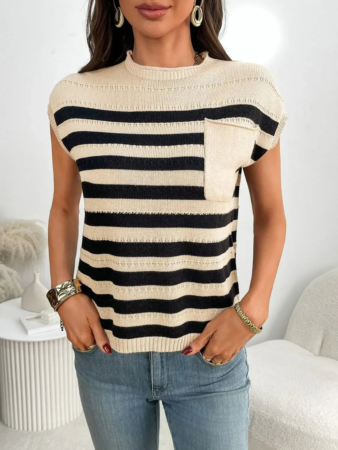 Striped Mock Neck Cap Sleeve Knit Top - Trendsi - Flyclothing LLC