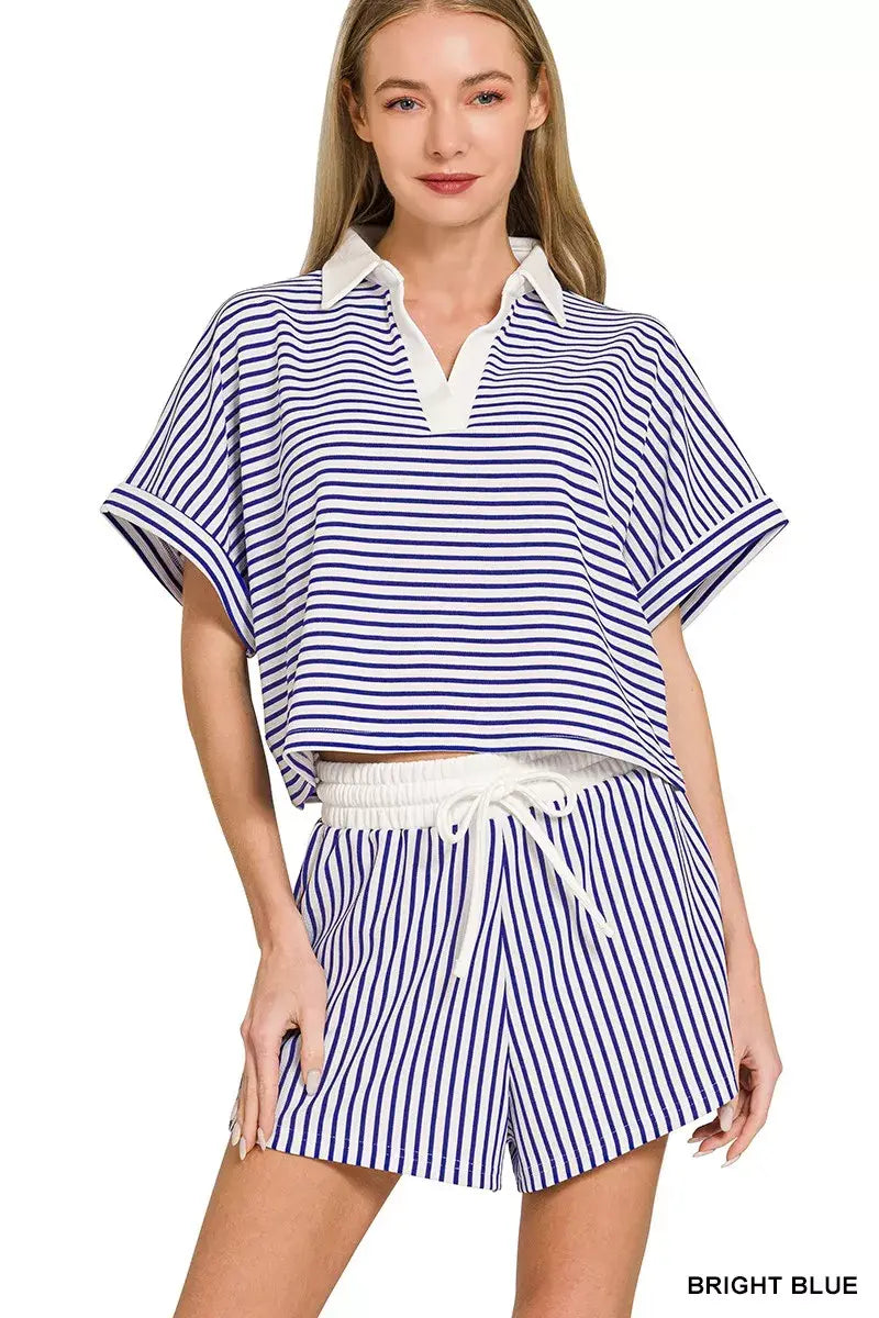 Zenana Striped Collared Top & Shorts Set - Trendsi - Flyclothing LLC