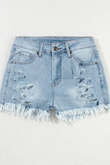 Distressed Raw Hem High Waist Denim Shorts - Trendsi - Flyclothing LLC