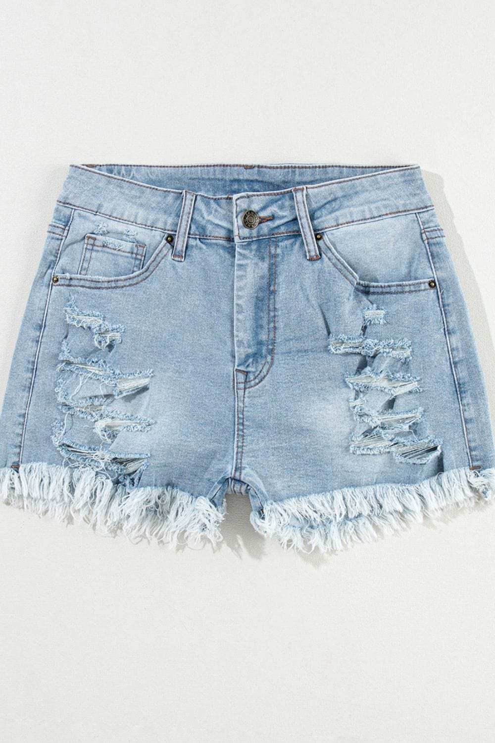 Distressed Raw Hem High Waist Denim Shorts - Trendsi - Flyclothing LLC