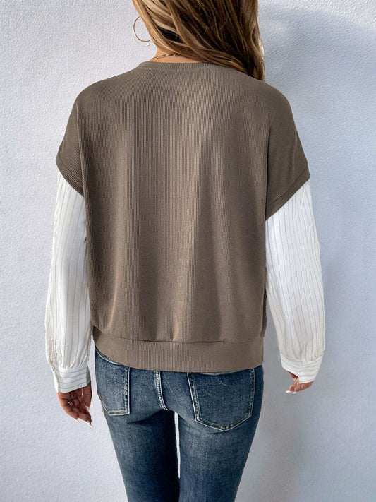 Perfee Round Neck Striped Sleeve Sweatshirt - Trendsi - Flyclothing LLC