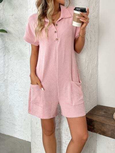 Button Detail Collared Neck Short Sleeve Romper - Trendsi - Flyclothing LLC