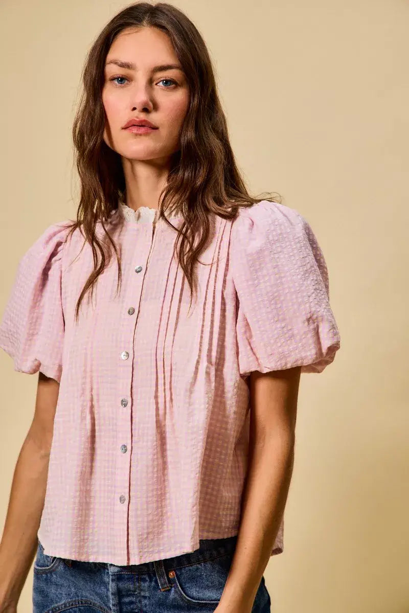 SO ME Gingham Lace Trim Button Bubble Sleeves Blouse - Trendsi - Flyclothing LLC