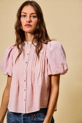 SO ME Gingham Lace Trim Button Bubble Sleeves Blouse - Trendsi - Flyclothing LLC