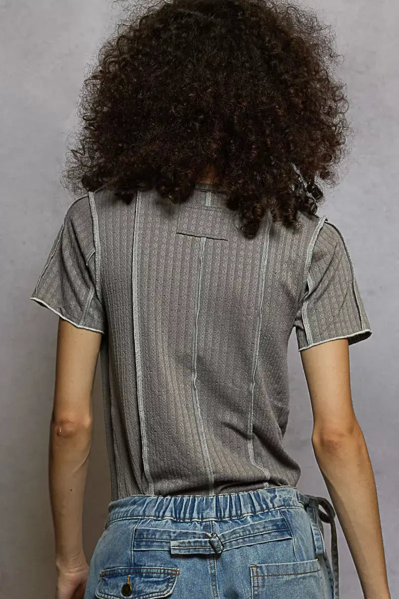 POL V-Neck Short Sleeve Top with Stitch Seam Detail - Trendsi - Flyclothing LLC