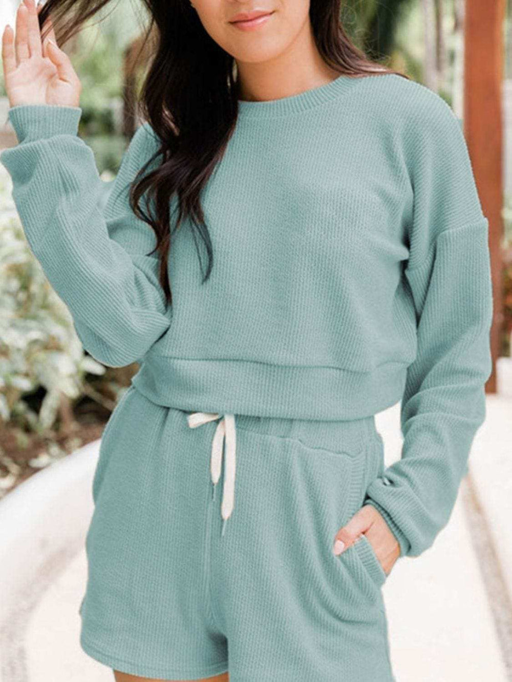 Ribbed Round Neck Long Sleeve Top and Shorts Set - Trendsi - Flyclothing LLC