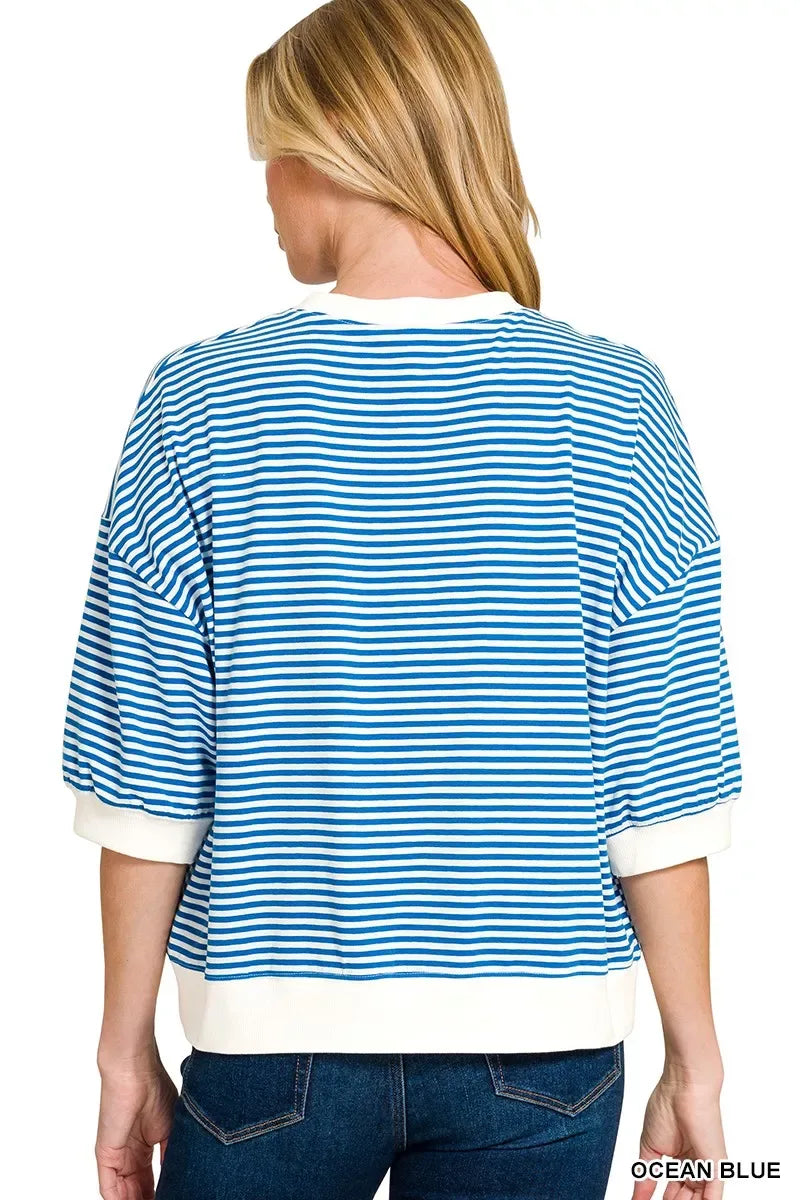 Zenana Striped Contrast Trim Banded Bottom Top - Trendsi - Flyclothing LLC