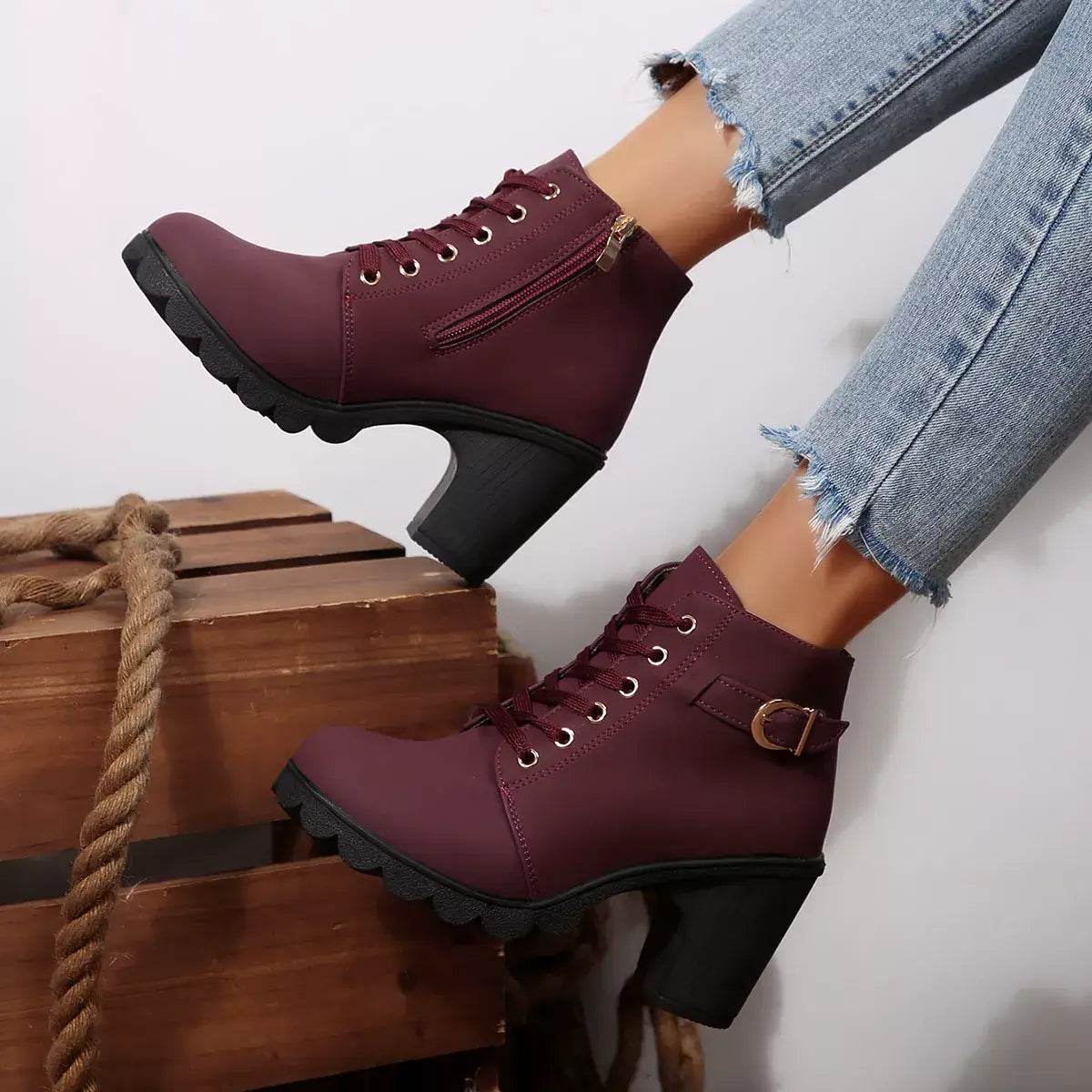 Lace Up Block Heels Boots - Trendsi - Flyclothing LLC