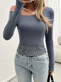 Single Shoulder Long Sleeve Lace T-Shirt - Trendsi - Flyclothing LLC