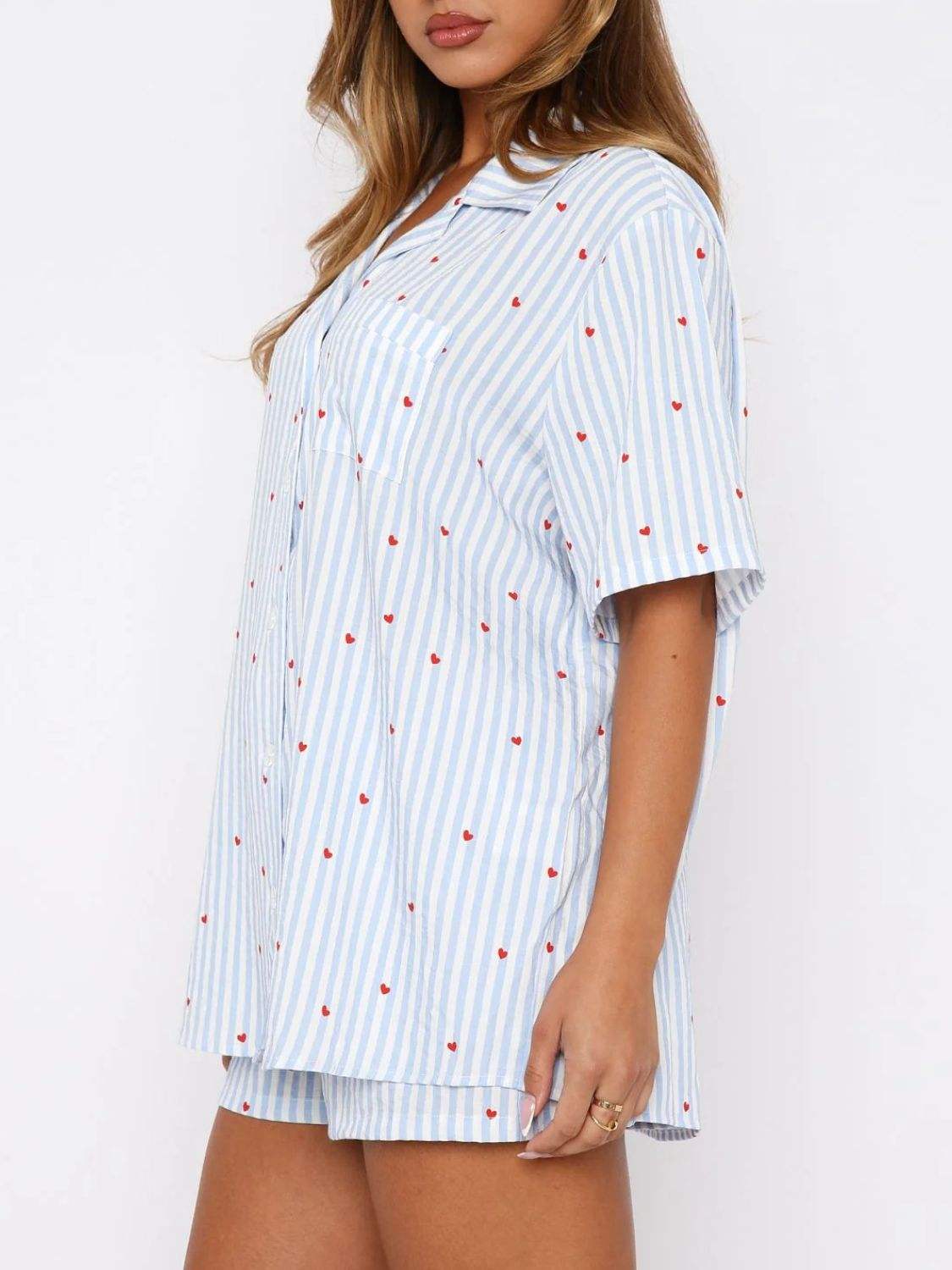 Valentine's Day Printed Collared Neck Short Sleeve Top and Shorts Set - Trendsi - Flyclothing LLC