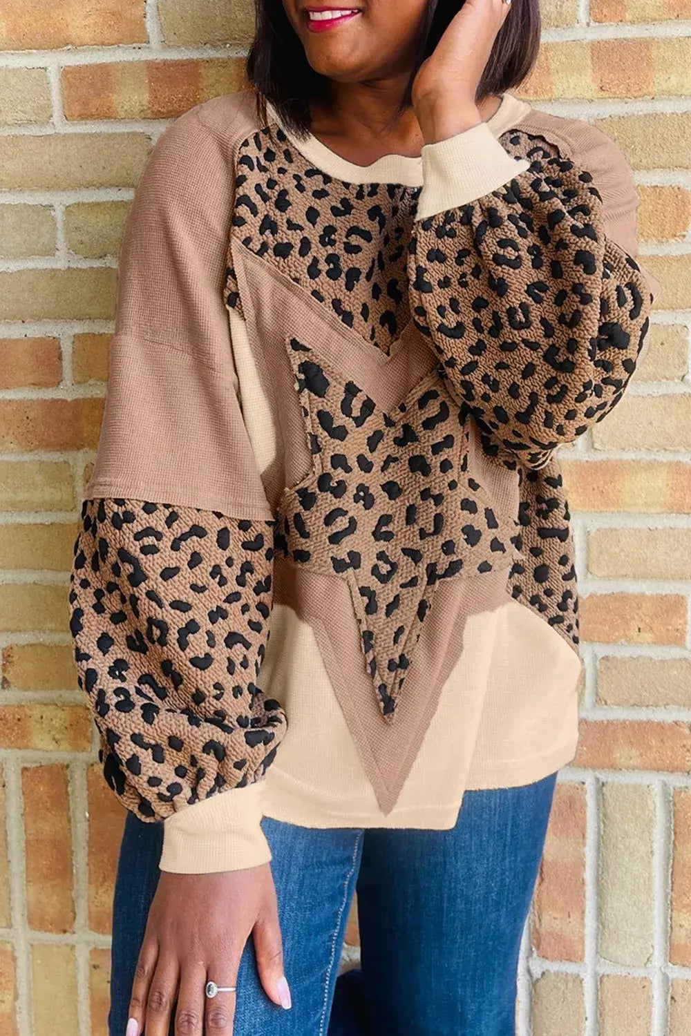 Leopard Star Patchwork Round Neck Sweatshirt - Trendsi - Flyclothing LLC