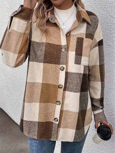 Curved Hem Plaid Collared Neck Shacket - Trendsi - Flyclothing LLC