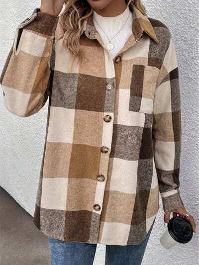 Curved Hem Plaid Collared Neck Shacket - Trendsi - Flyclothing LLC