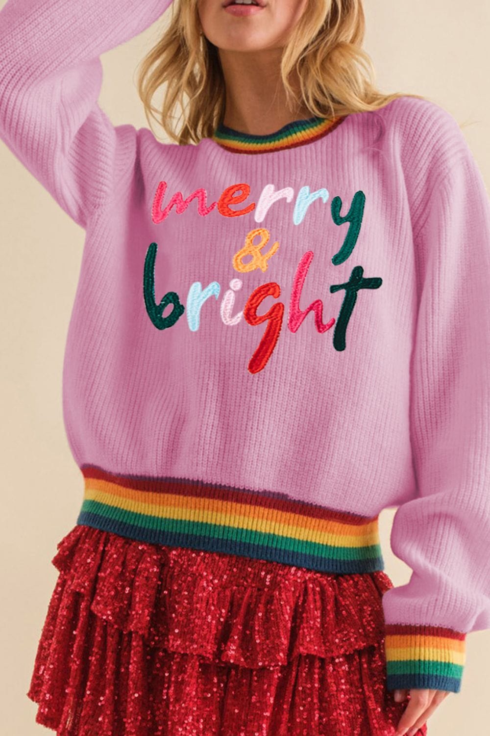 MERRY & BRIGHT Ribbed Round Neck Sweater - Trendsi