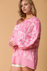Double Take Full Size Checkered Bow Contrast Long Sleeve Sweater - Trendsi