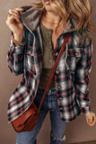 Drawstring Plaid Button Up Hooded Shacket - Trendsi