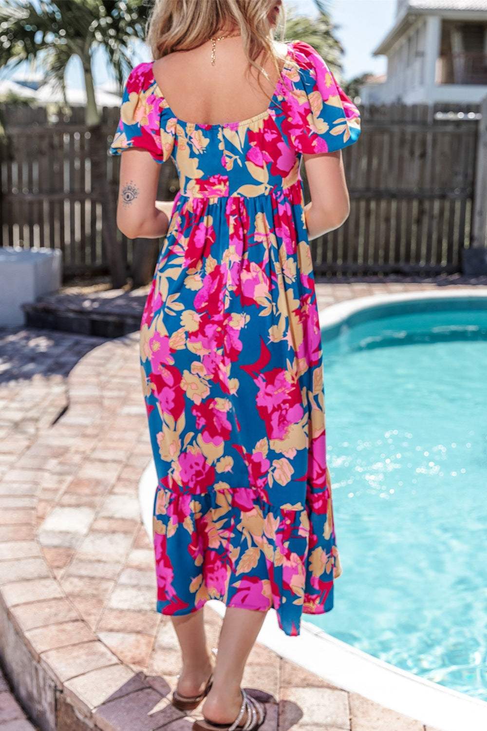 Printed Square Neck Short Sleeve Midi Dress - Trendsi - Flyclothing LLC