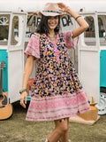 Printed V-Neck Short Sleeve Dress - Trendsi - Flyclothing LLC