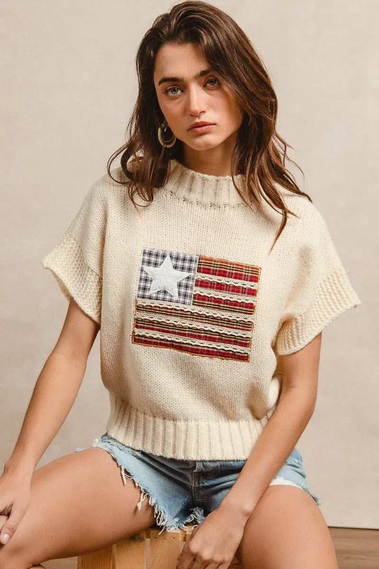 BiBi American Flag Patchwork Drop Shoulder Sweater - Trendsi - Flyclothing LLC