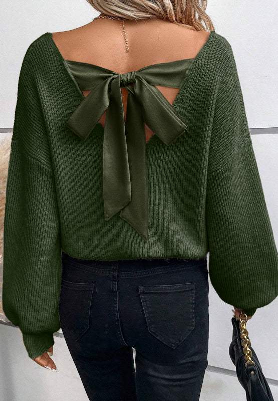 Tied Back V-Neck Long Sleeve Sweater - Trendsi - Flyclothing LLC