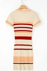 Contrast Striped Johnny Collar Short Sleeve Mini Dress - Trendsi - Flyclothing LLC