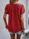 Printed Tie Neck Short Sleeve Blouse - Trendsi - Flyclothing LLC