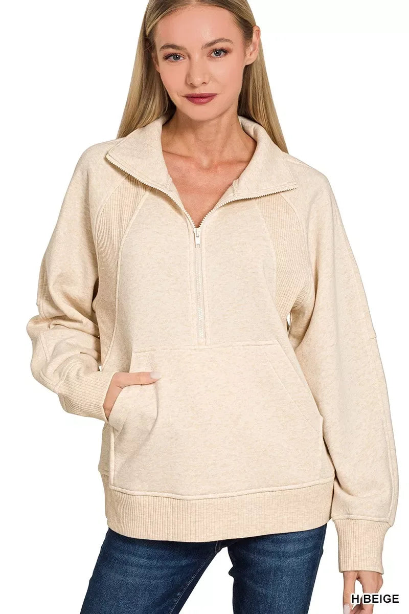 Zenana Half Zip Fleece Sweatshirt with kangaroo Pocket - Trendsi - Flyclothing LLC