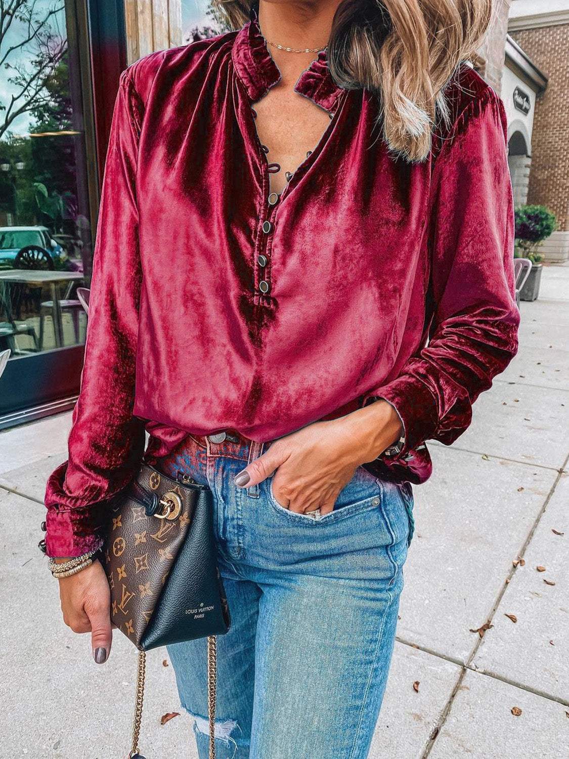 Half Button Long Sleeve Blouse - Trendsi - Flyclothing LLC