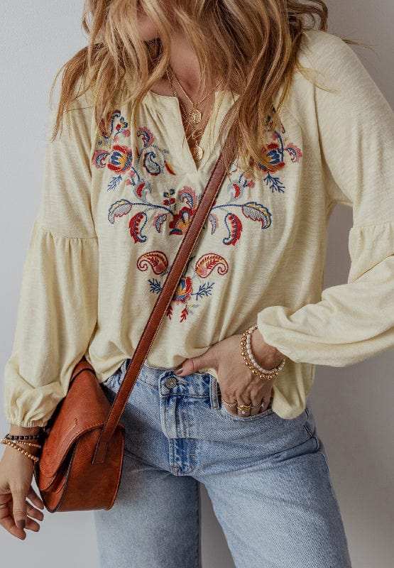 Embroidered Notched Long Sleeve Blouse - Trendsi - Flyclothing LLC