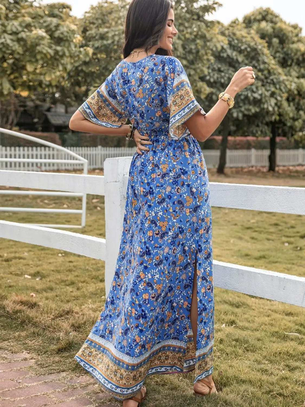 Slit Printed V-Neck Half Sleeve Maxi Dress - Trendsi - Flyclothing LLC
